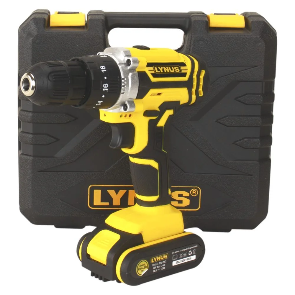 Parafusadeira e Furadeira de Impacto 3/8Pol. 20V com Bateria 1,3Ah Carregador Bivolt e Maleta LYNUS-PFL-20CI